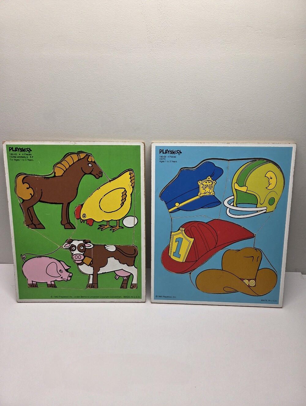 2 Playskool Vintage Wooden Tray Puzzles: 1985 Hats & 1982 Farm Animals See Pics